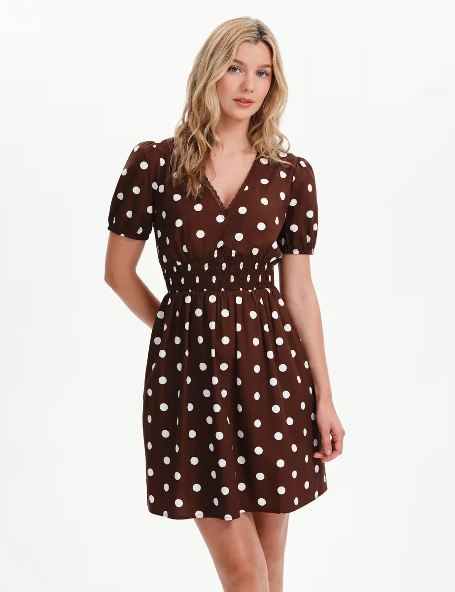 Pure Cotton Polka Dot V-Neck Mini Dress Brown Mix