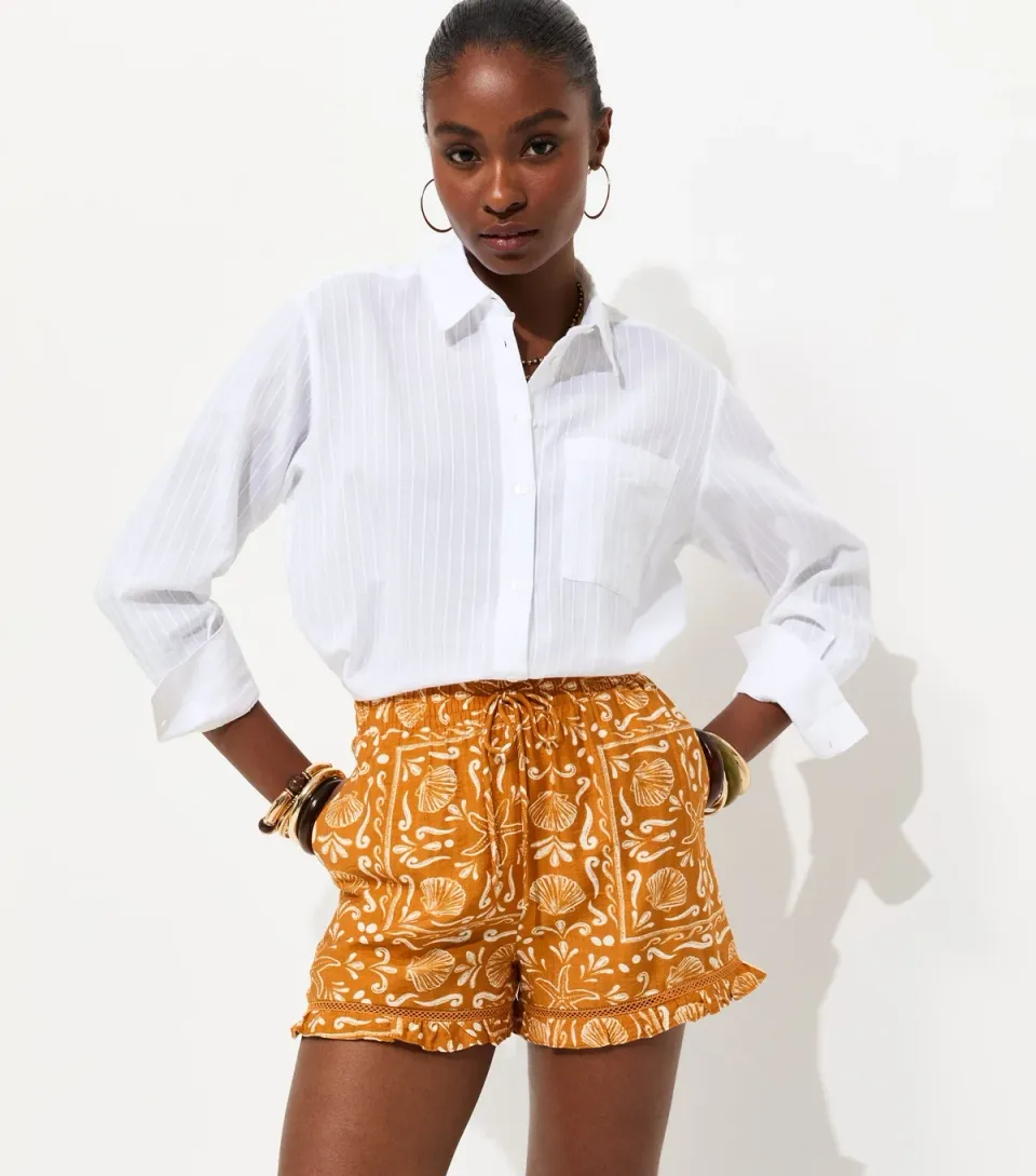Women's Yellow Shell Print Ruffle Trim Shorts