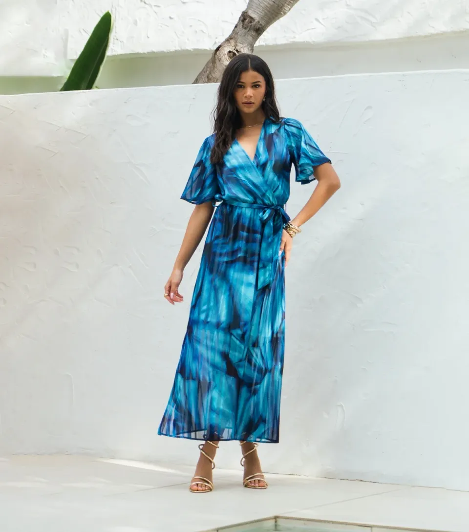 Women's Bright Blue Tie Dye Print Wrap Dress