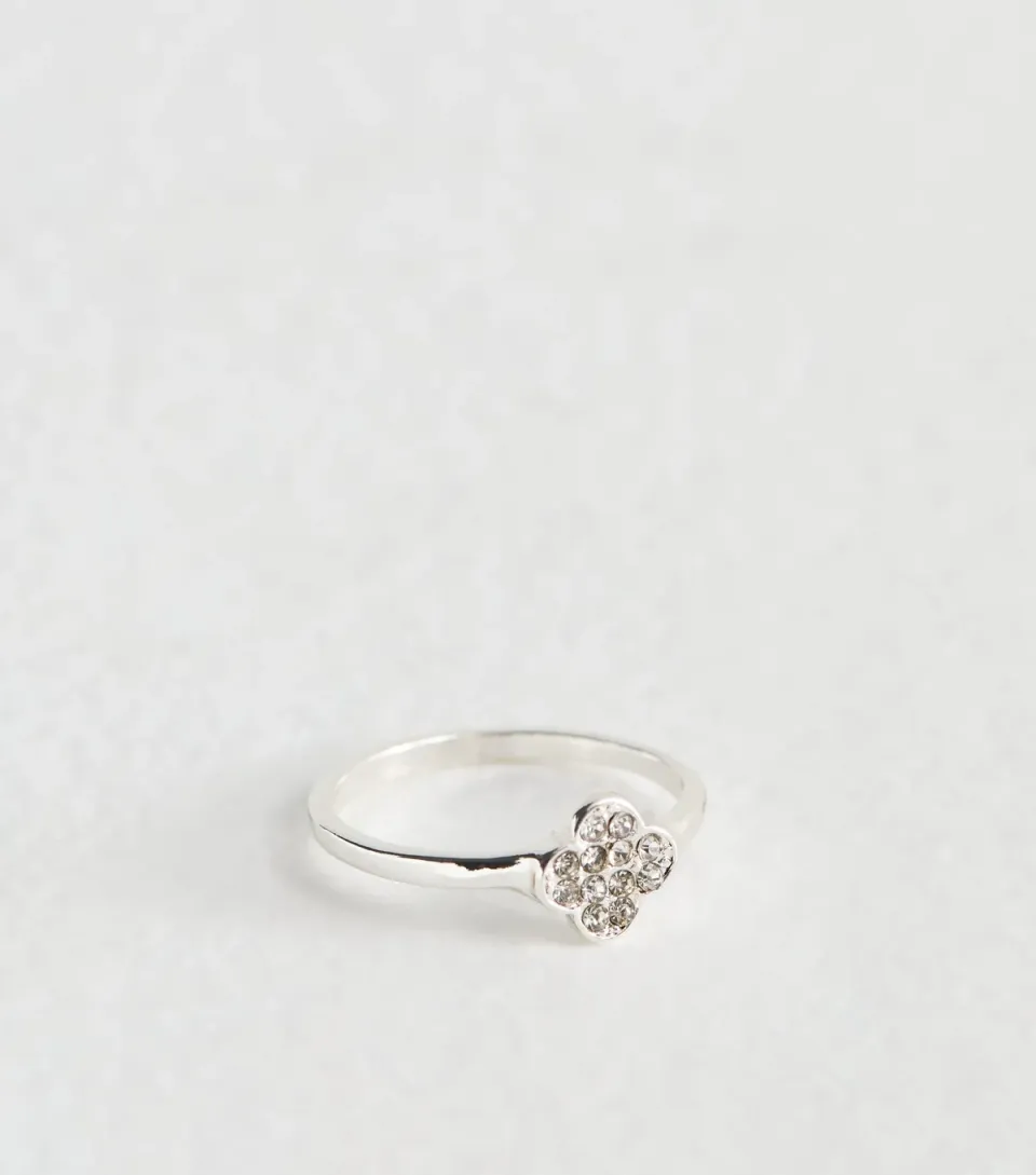 Silver Tone Flower Diamanté Ring