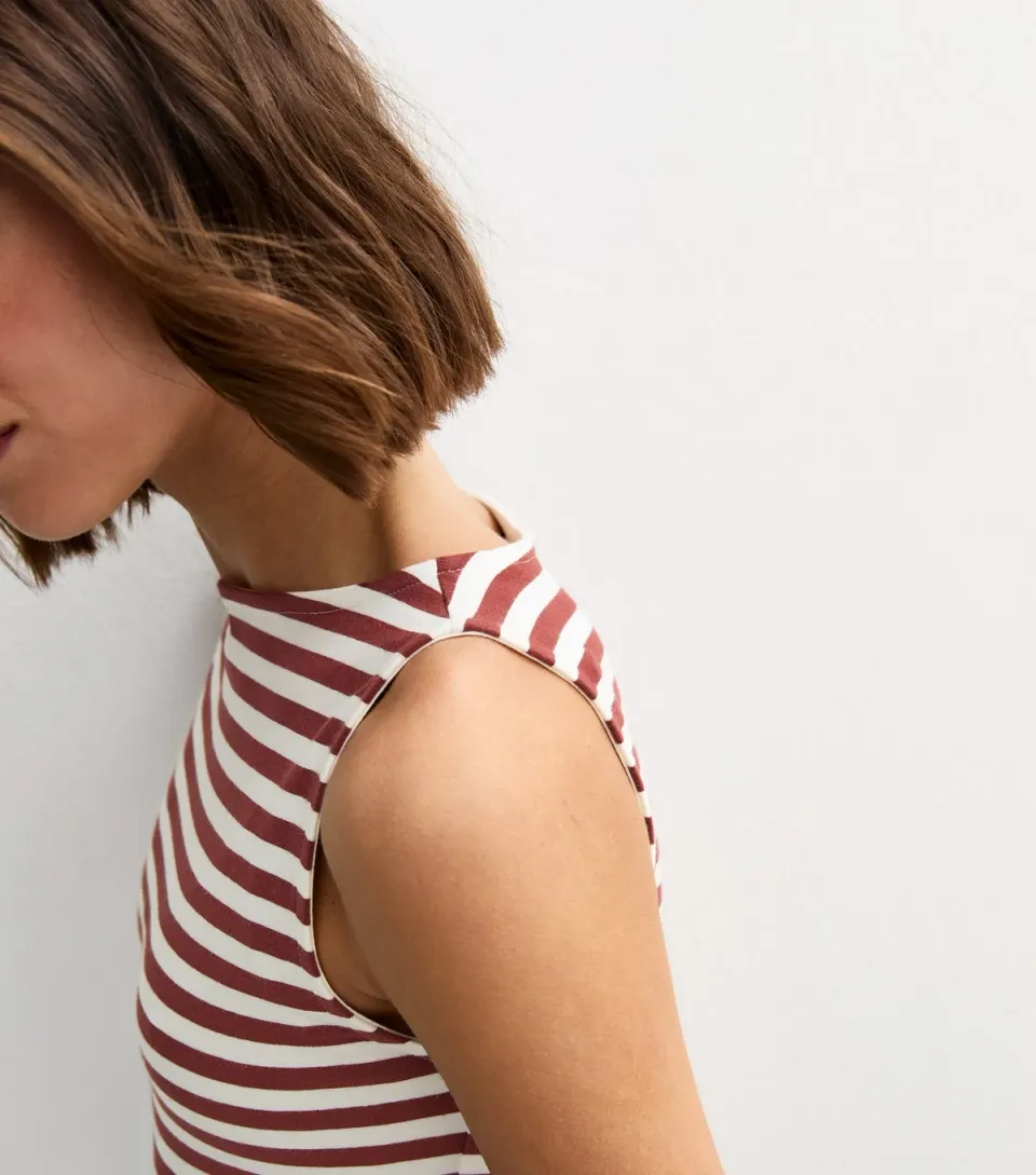 Women's White Stripe Slash Neck Vest Top