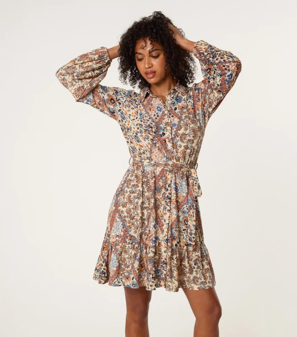 Women's Cream Printed Belted Shirt Dress