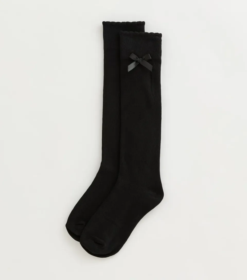 Girls' Black Bow Trim Knee High Socks
