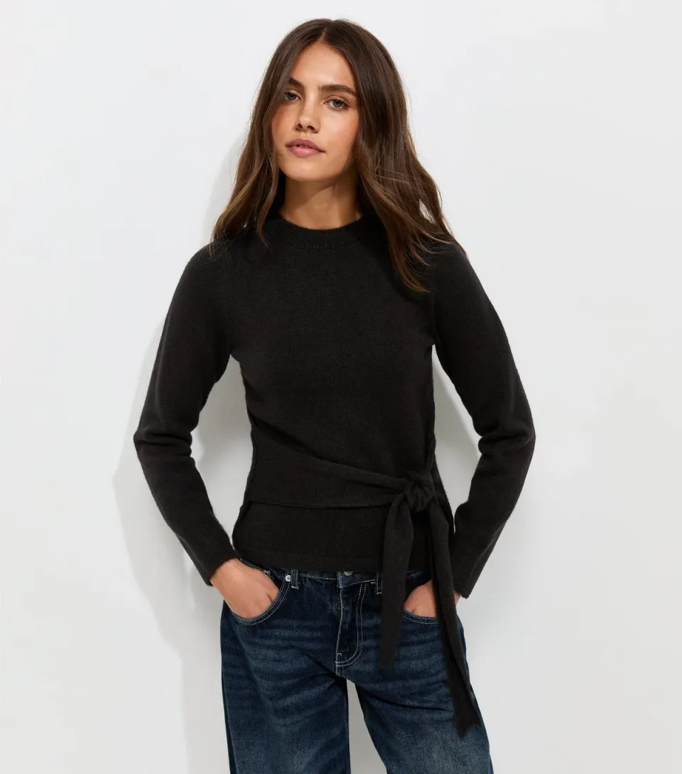 Women's Black Knitted Tie Front Jumper