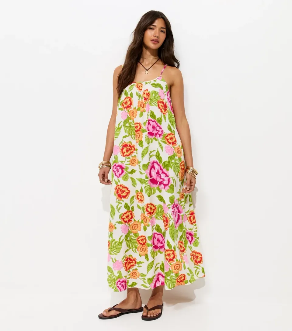Women's Cream Floral Print Maxi Smock Dress