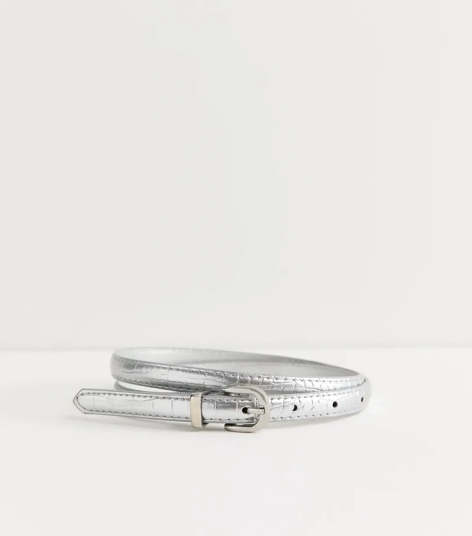 Silver Faux Leather Croc Embossed Skinny Belt
