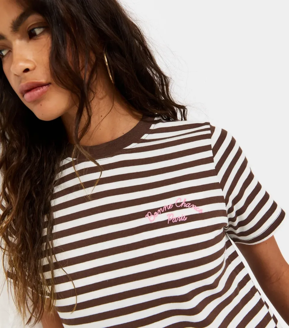 Women's Brown Striped Bonne Chance Embroidered T-Shirt