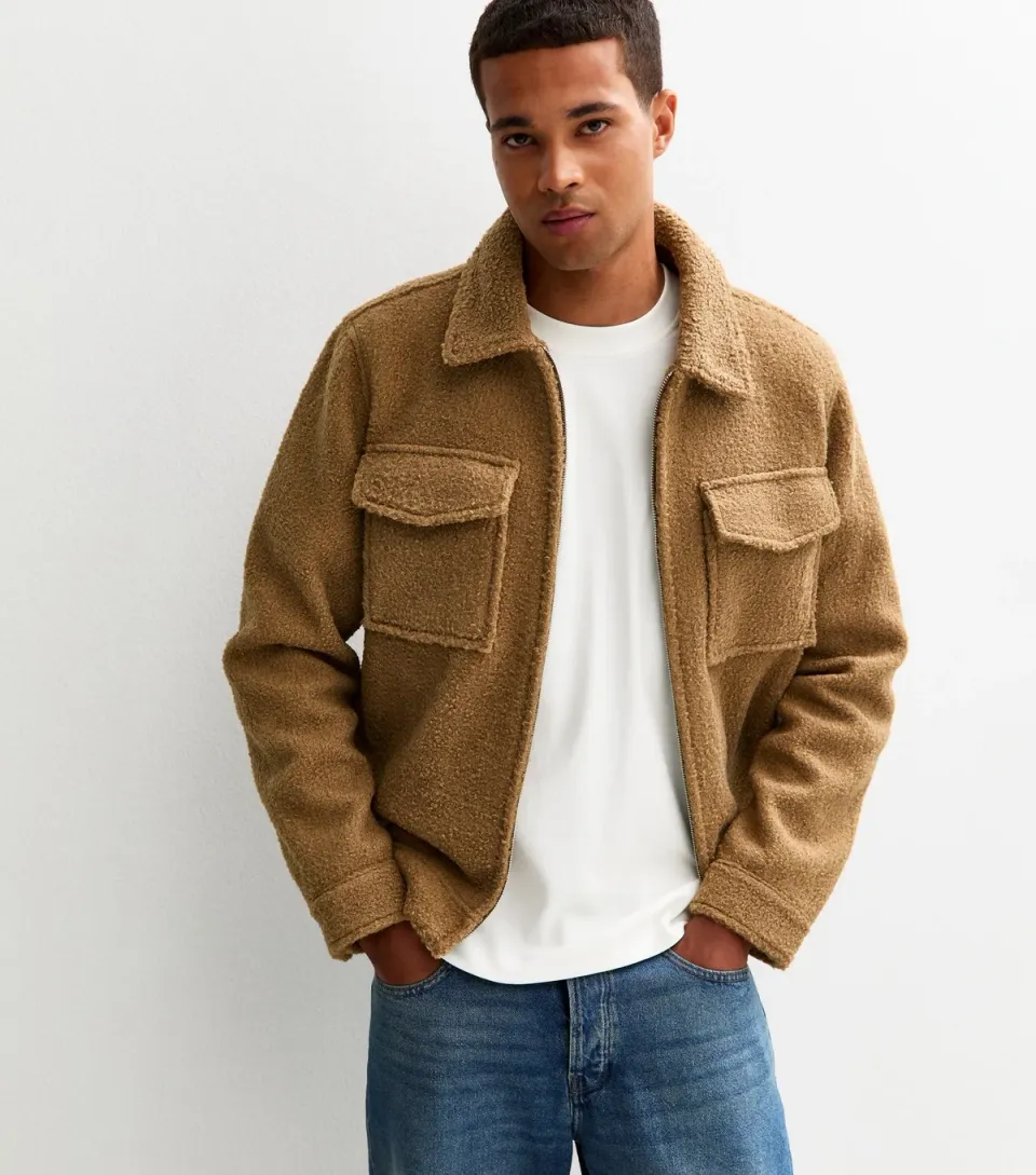 Men's Brown Regular Fit Boucle Texture Jacket