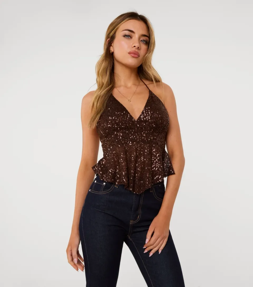 Women's Brown Sequin Halterneck Top