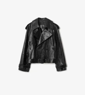 Cropped Embossed Leather Trench Jacket in Silhouette black
