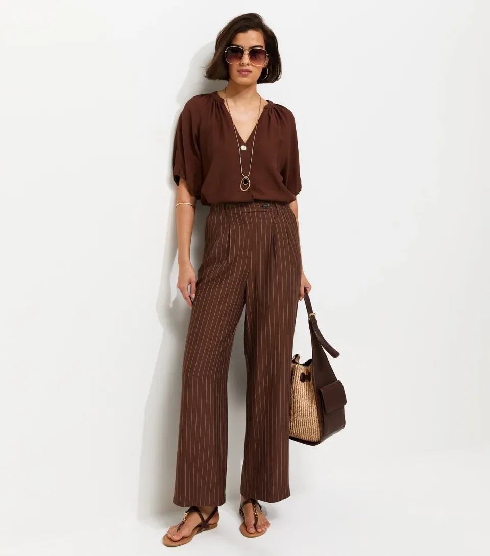 Women's Dark Brown Wide Leg Stripe Trousers