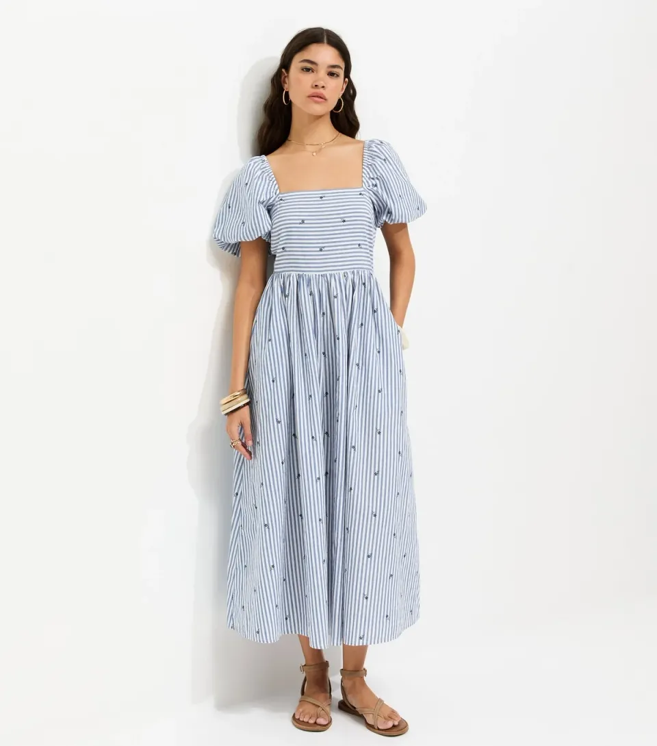 Women's Blue Cotton Striped Floral Milkmaid Midi Dress