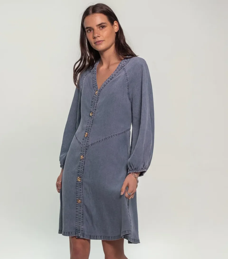Women's Light Blue Textured Button Denim Mini Dress