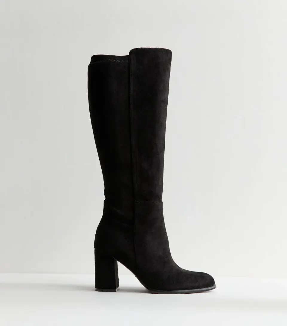 Women's Wide Fit Black Faux Suede Knee High Boots Vegan
