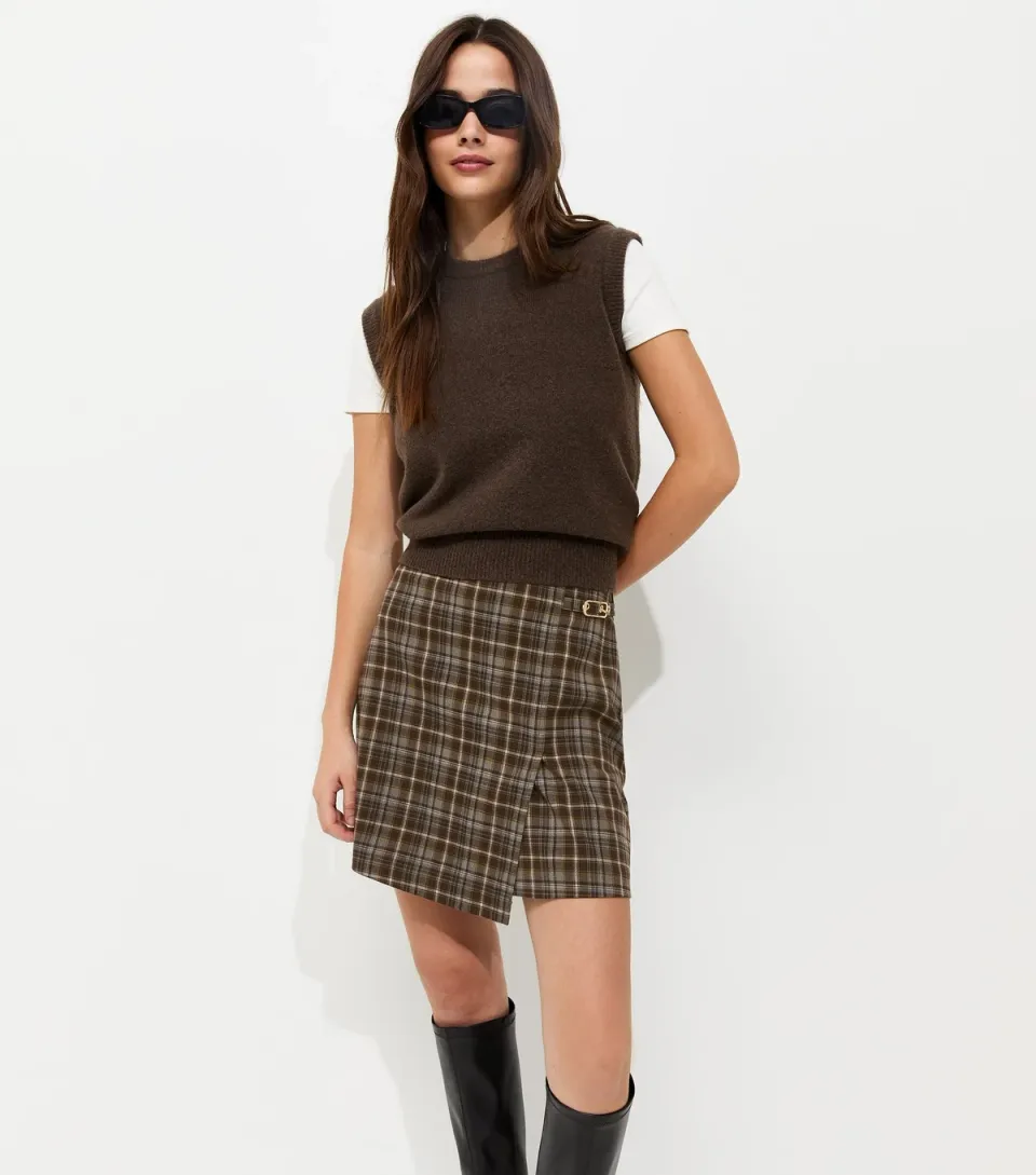 Women's Brown Check Wrap Mini Skort