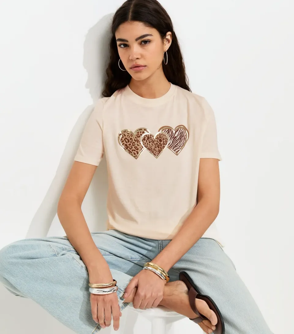 Women's Off White Cotton Metallic Animal Heart Print T-Shirt