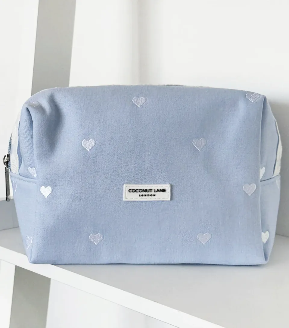 Light Blue Heart Embroidered Makeup Bag
