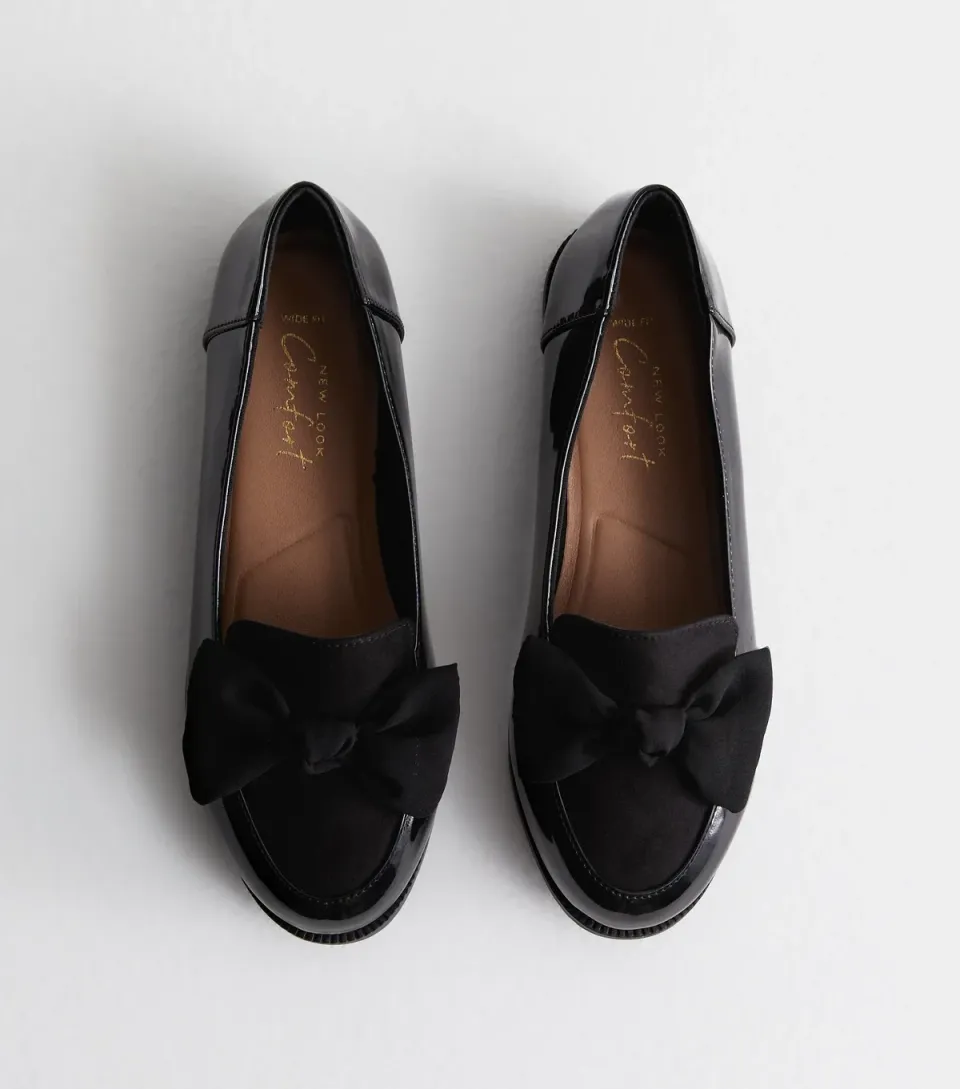 Women's Wide Fit Black Patent Bow Front Loafers