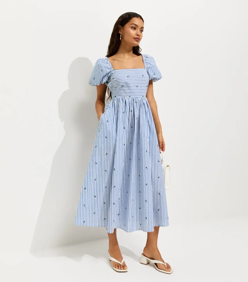 Women's Petite Blue Cotton Floral Stripe Print Milkmaid Puff Sleeve Midi Dress