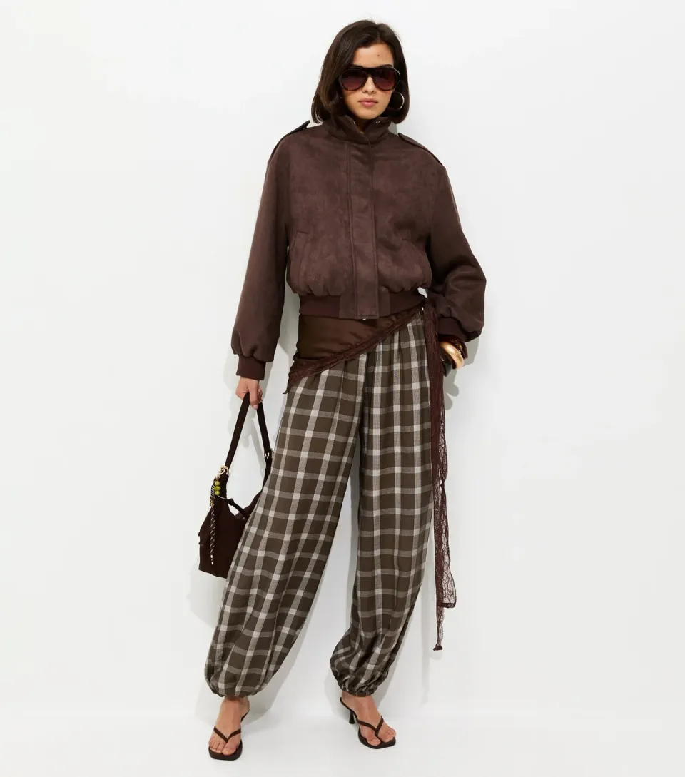Women's Brown Check Cuffed Leg Trousers