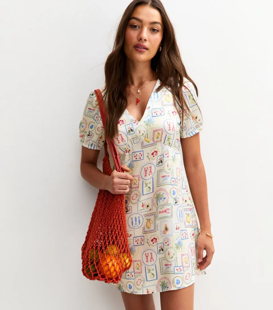 Women's White Stamp Print Satin Tie Back Mini Dress
