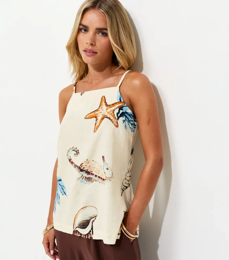Women's Petite Cream Linen Rich Seaside Print Longline Cami Top