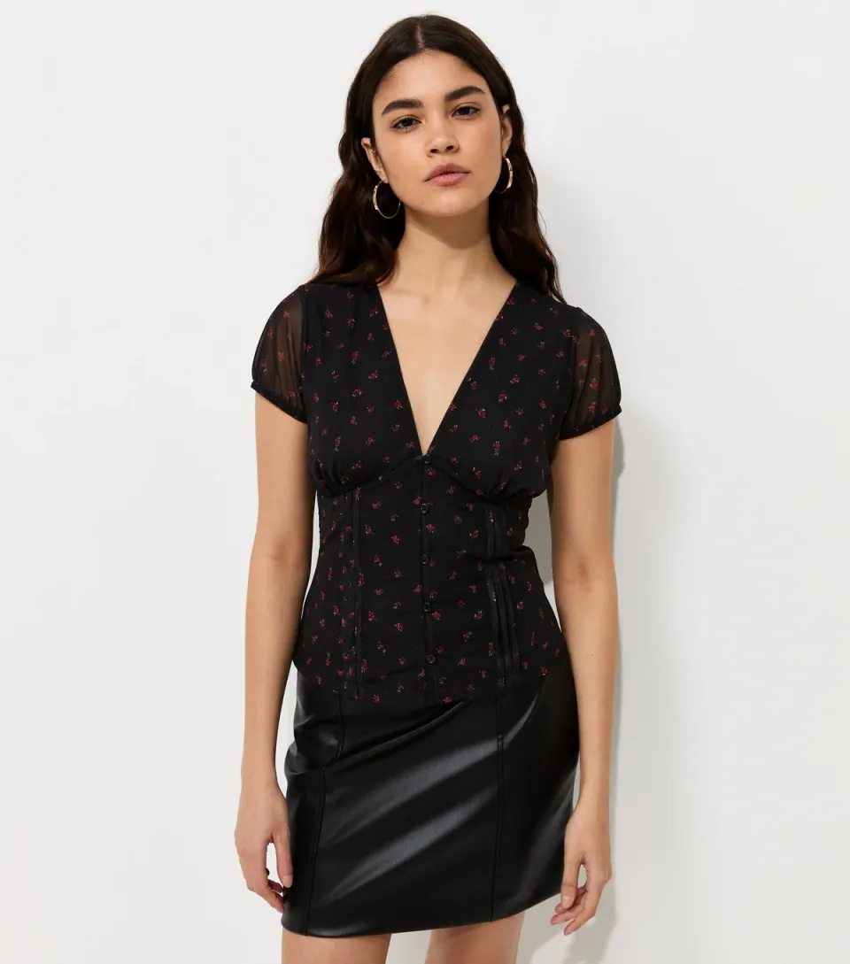 Women's Black Mesh Ditsy Floral V-Neck Top