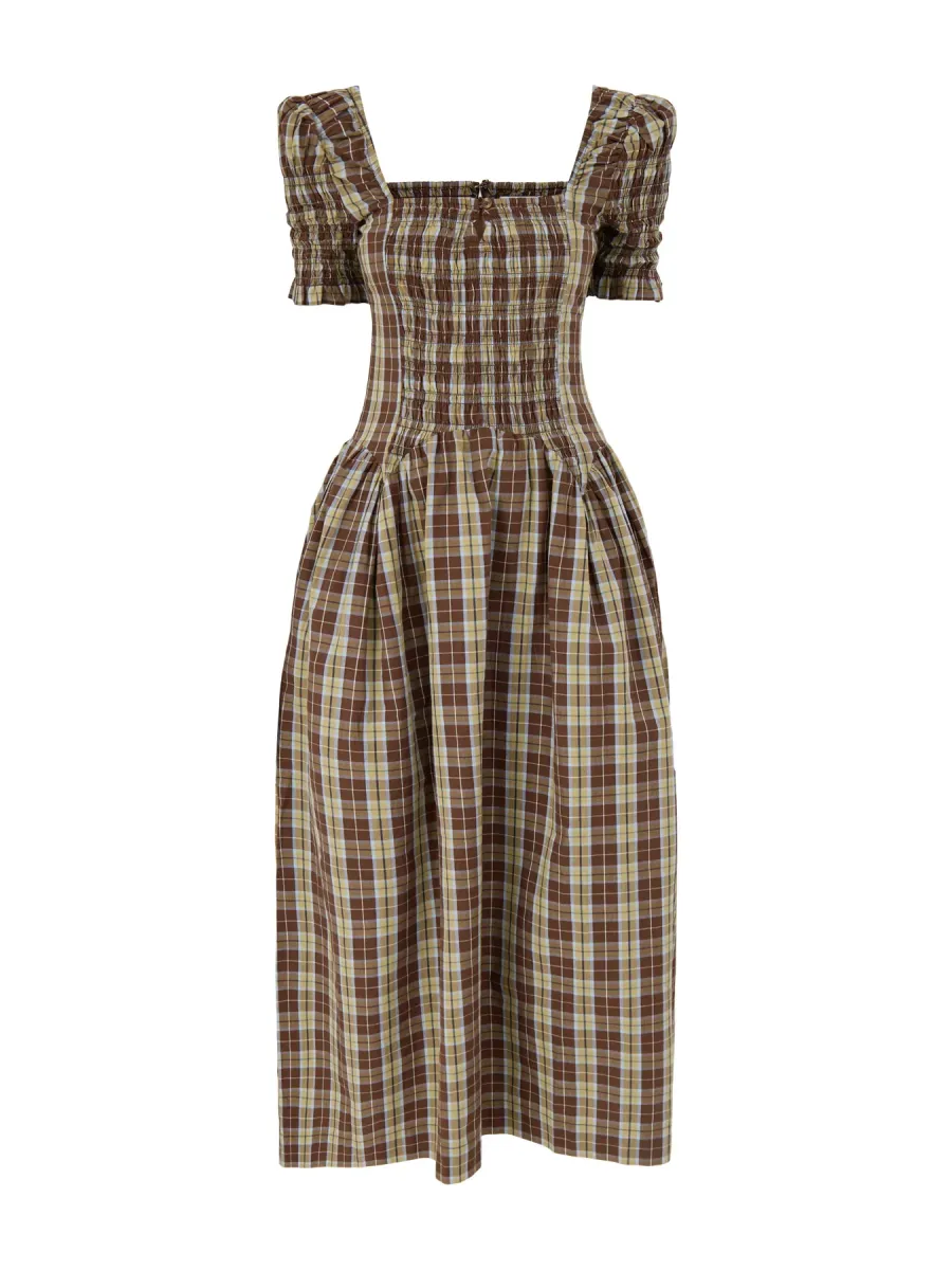 Emmy Shirred Cocoa Check Midi Dress