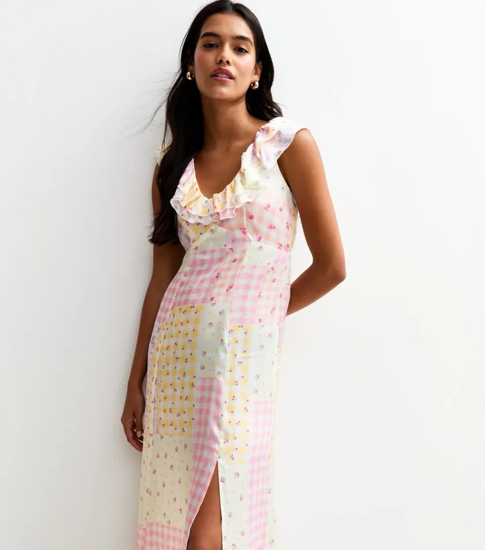 Women's Multicolour Sleeveless Satin Patchwork Print Midi Dress