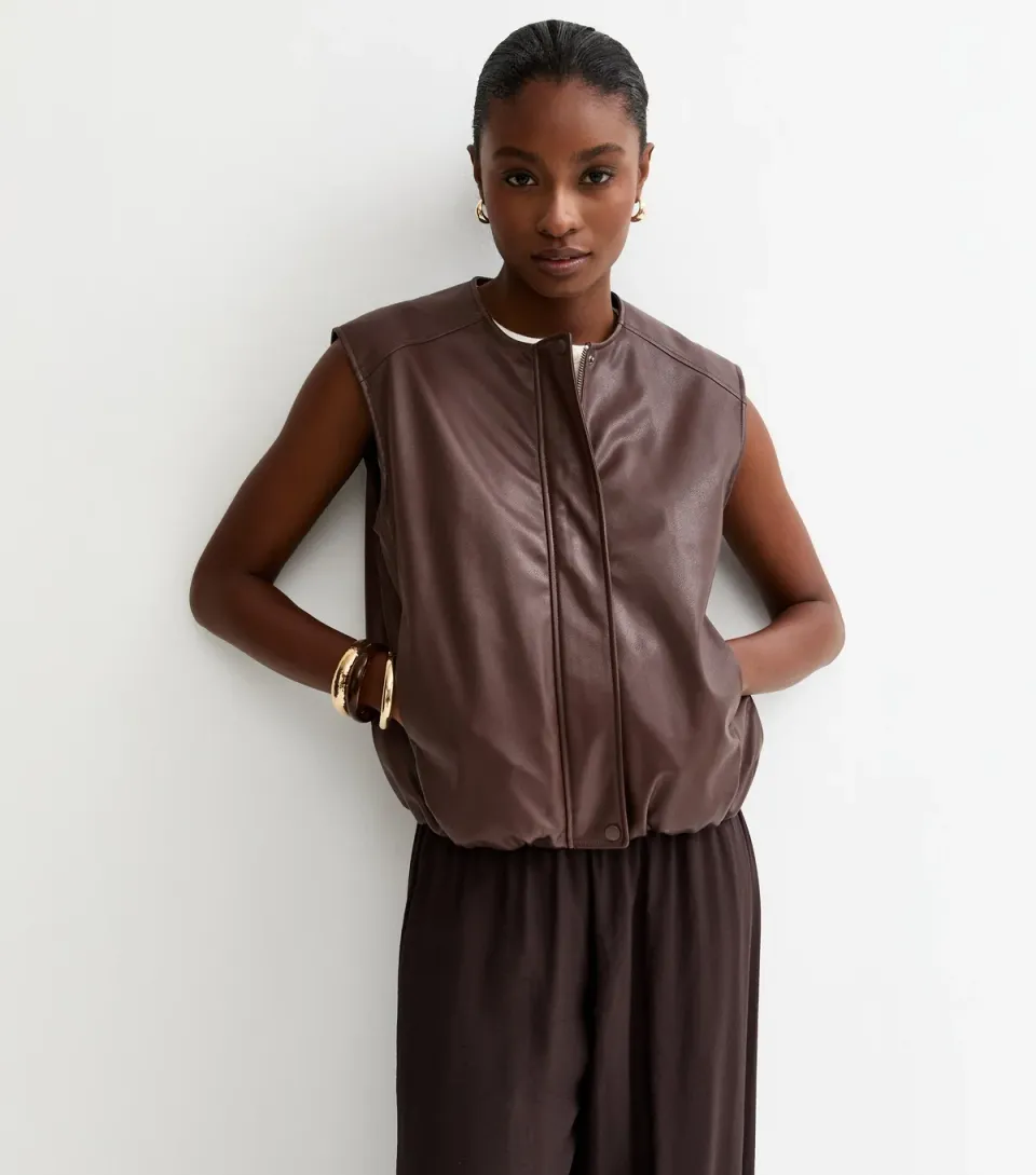 Women's Brown Faux Leather Sleeveless Bubble Hem Jacket