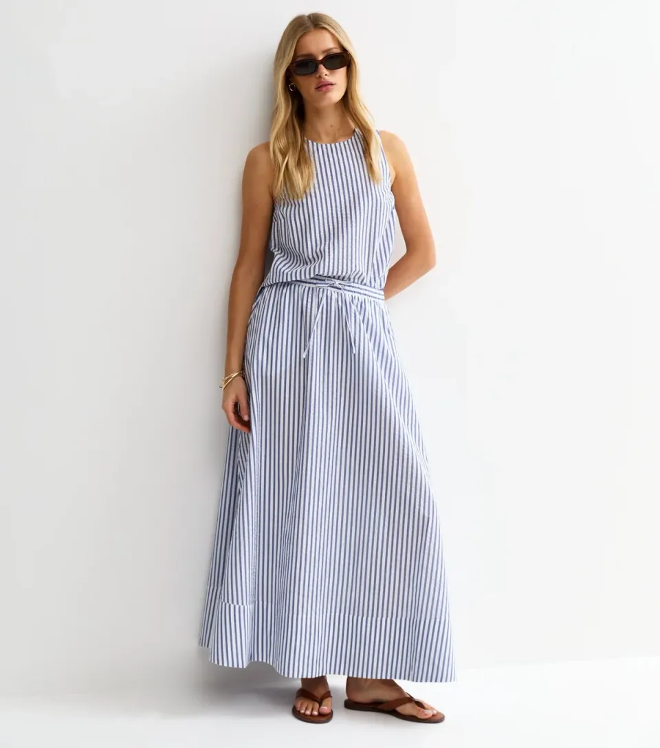 Women's Blue Striped Cotton Seersucker Circle Maxi Skirt