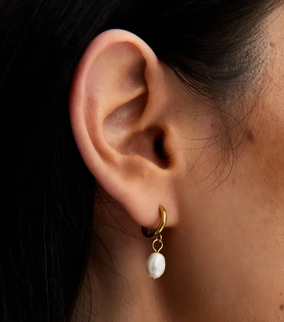 Gold Tone Waterproof Faux Pearl Huggie Hoop Earrings