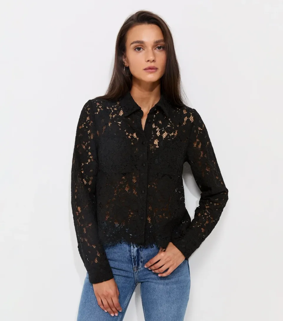 Women's Black Semi Sheer Pocket Detail Lace Shirt