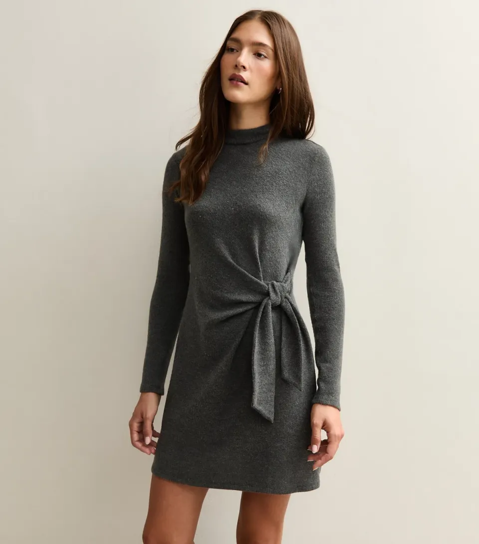 Women's Dark Grey Tie Belt Mini Dress