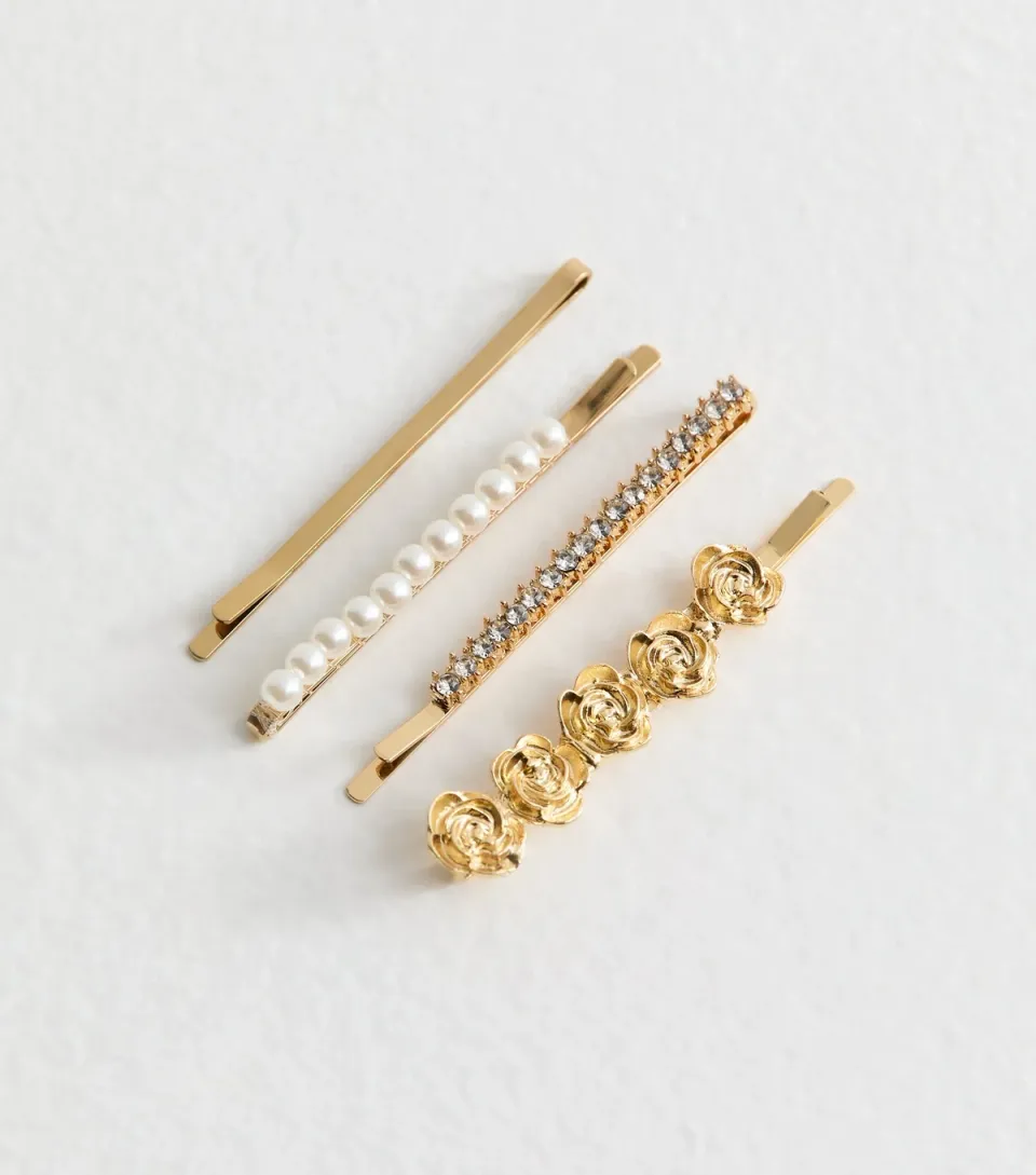 Pack of 4 Gold Tone Faux Pearl and Flower Hair Slides