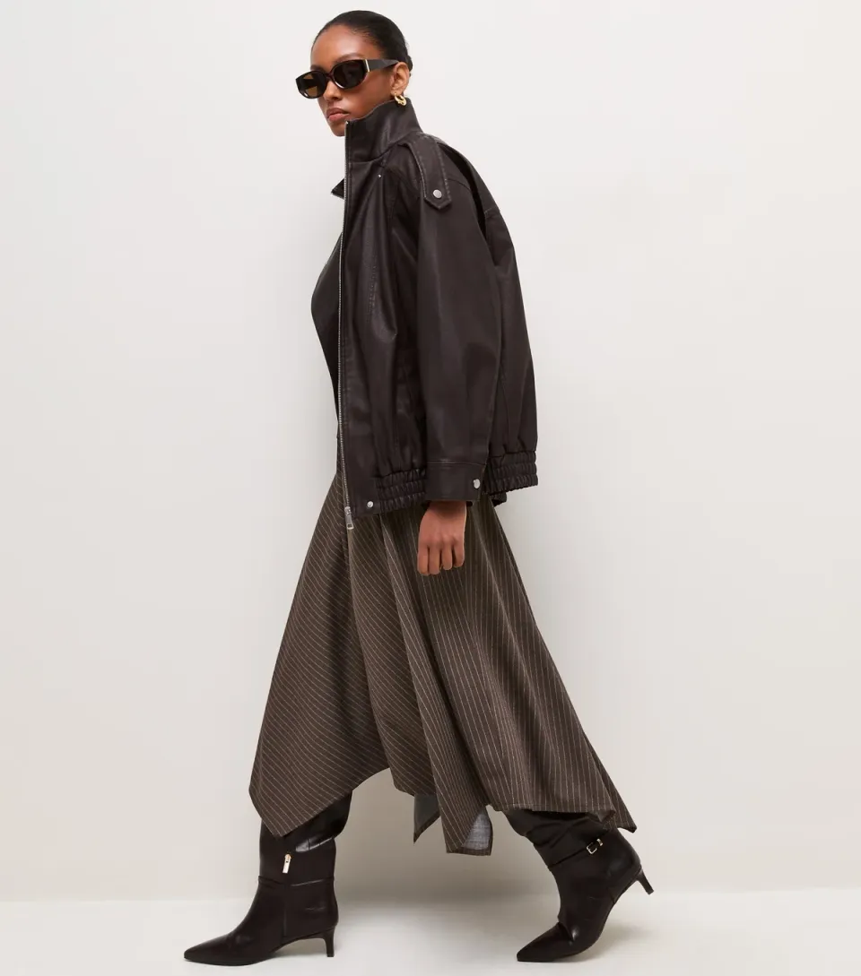 Women's Brown Pinstripe Hanky Hem Midi Skirt