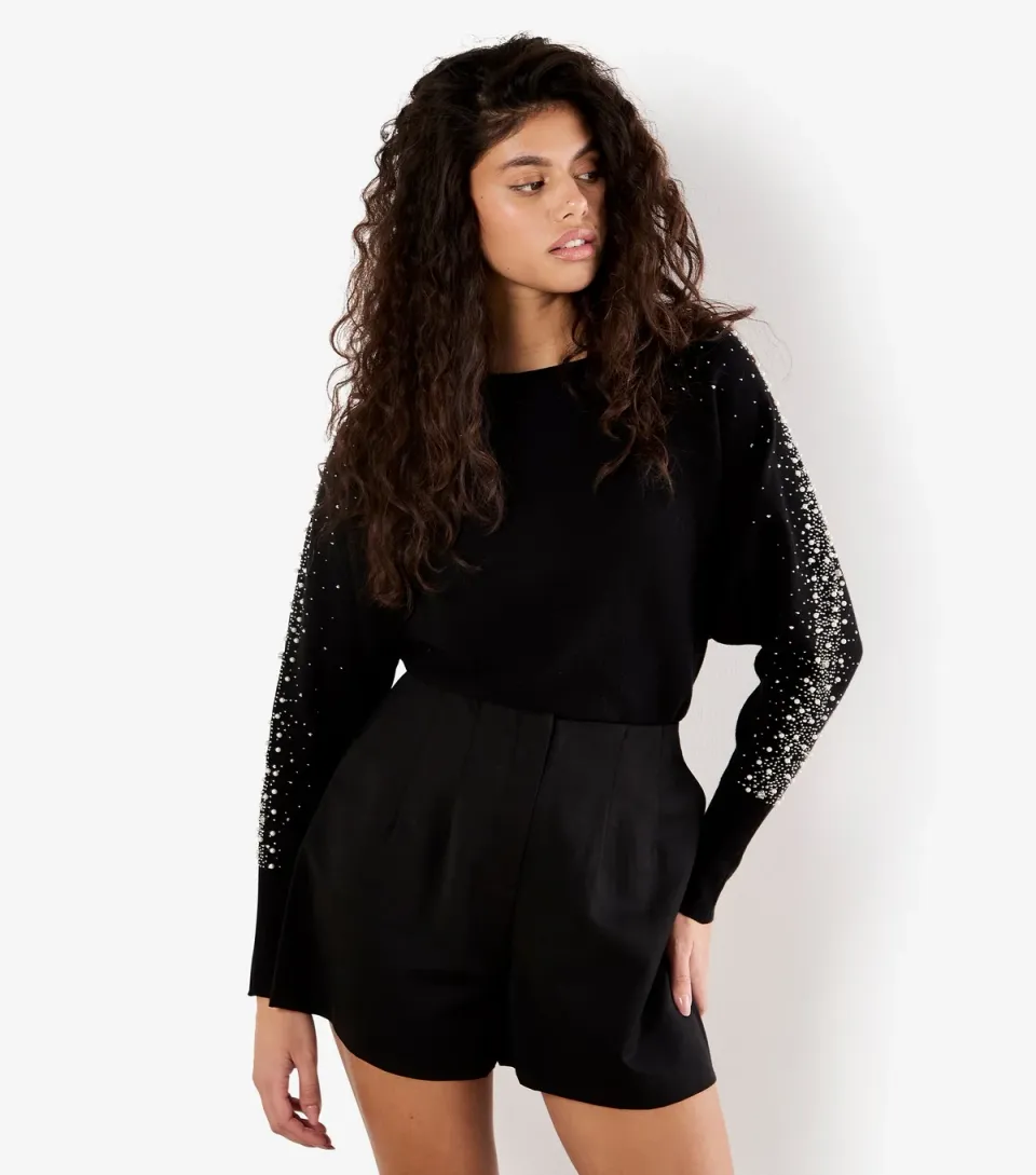 Women's Black Faux Pearl Stud Batwing Jumper