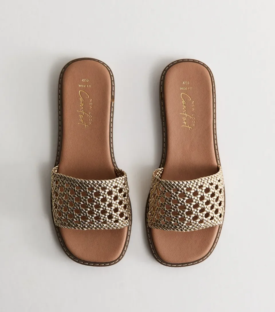 Women's Wide Fit Gold Faux Leather Woven Strap Mule Sandals Vegan
