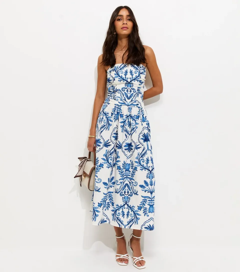 Women's Blue Cotton Leaf Print Bandeau Midi Dress