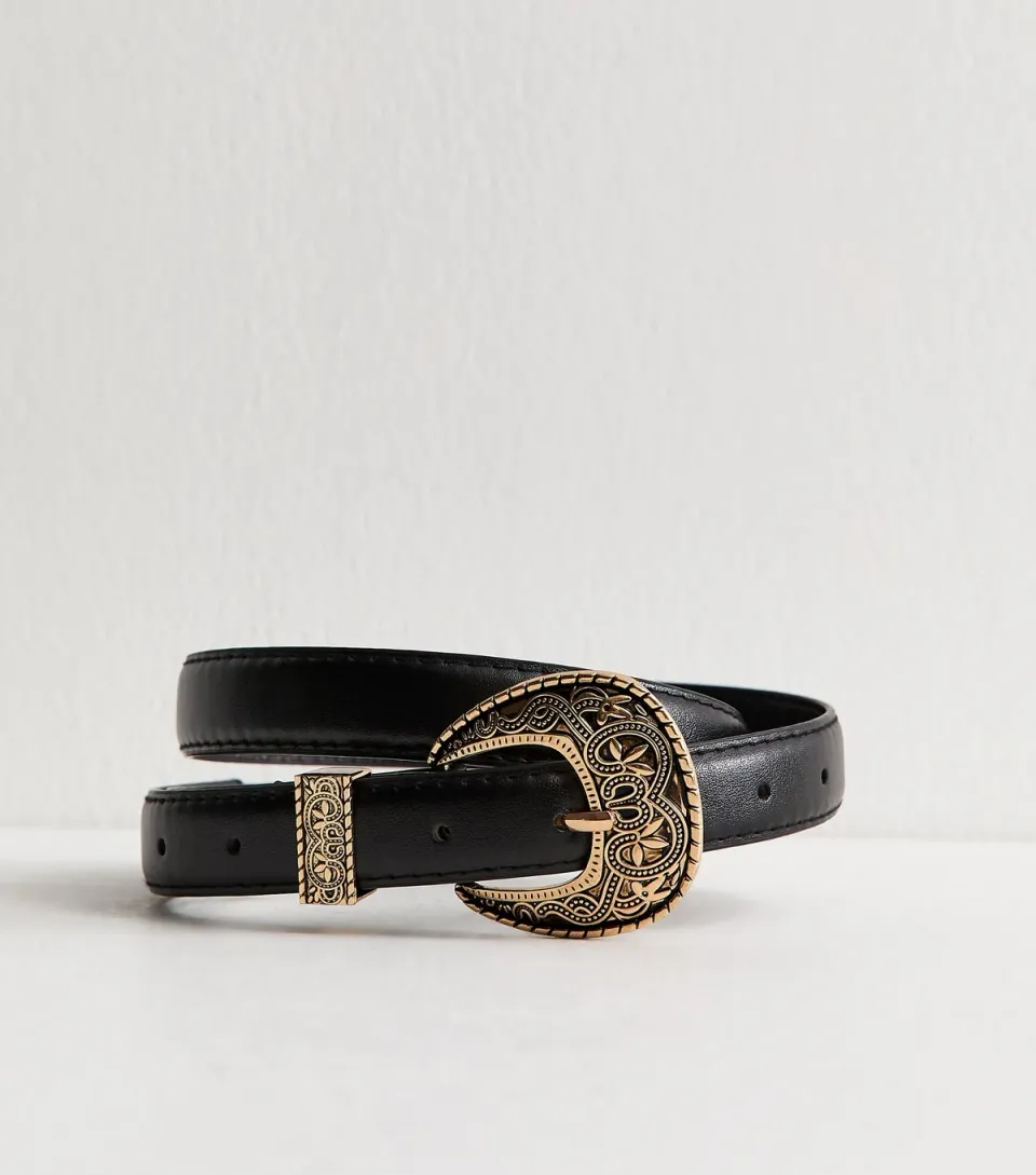 Black Faux Leather Western Skinny Belt
