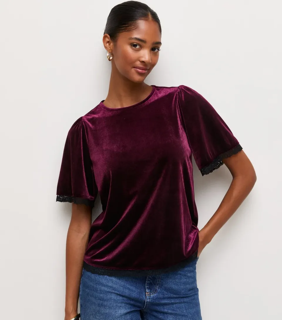 Women's Dark Burgundy Velvet Lace Trim T-Shirt