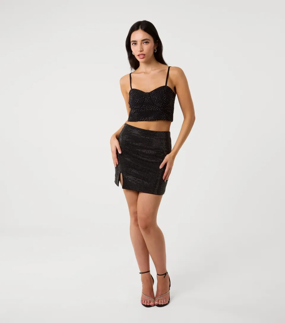 Women's Black Diamante Embellished Side Split Skirt