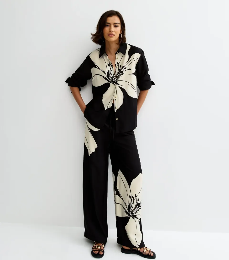 Women's Black Lily Large Floral Wide Leg Trousers