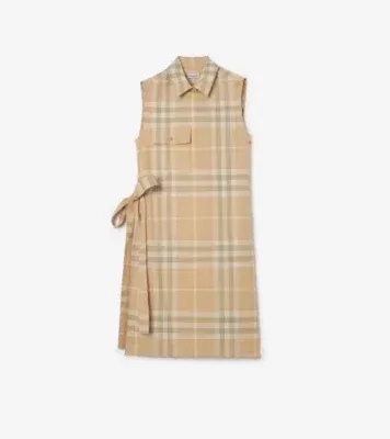 Check Cotton Shirt Dress in Flax beige