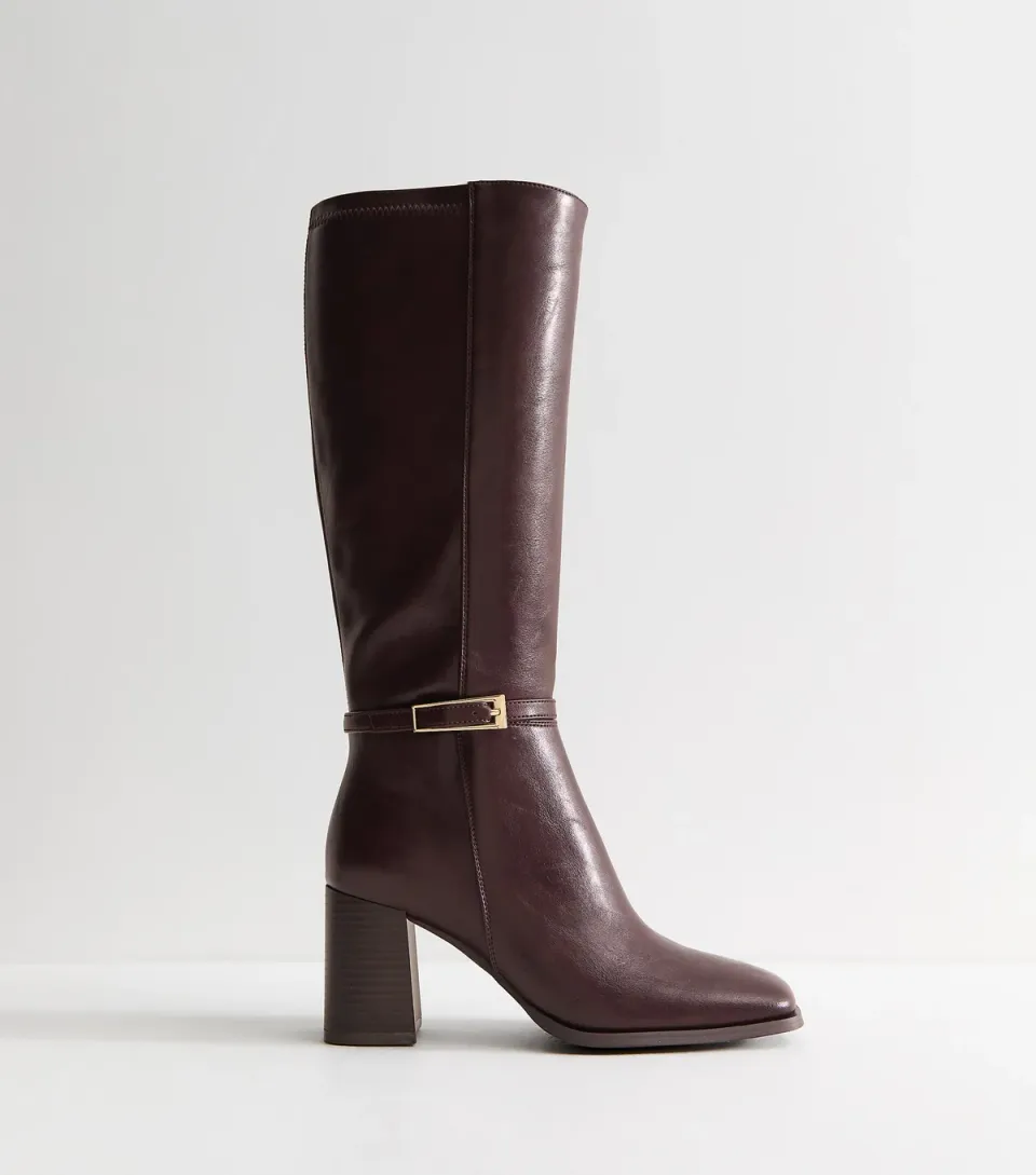 Women's Wide Fit Dark Burgundy Faux Leather Square Toe Block Heel Boots Vegan