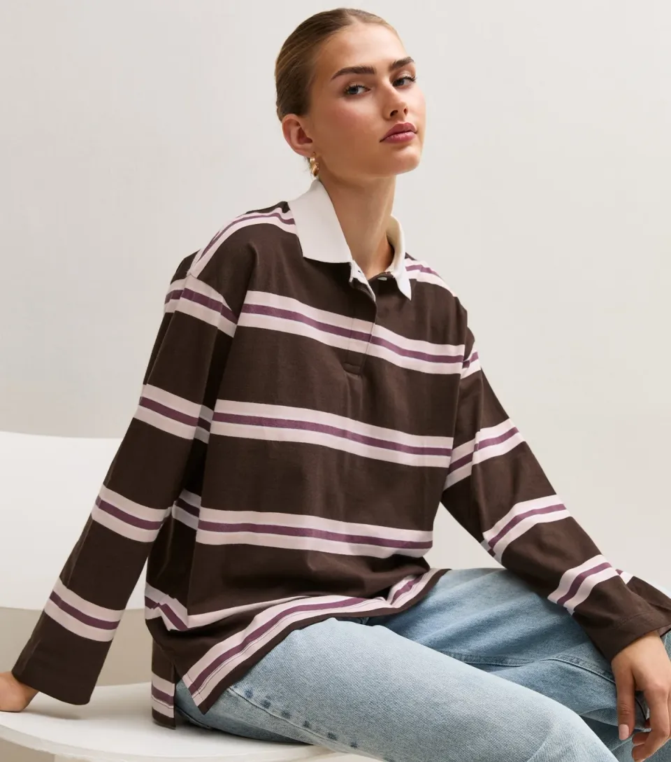 Women's Brown Cotton Striped Rugby Shirt