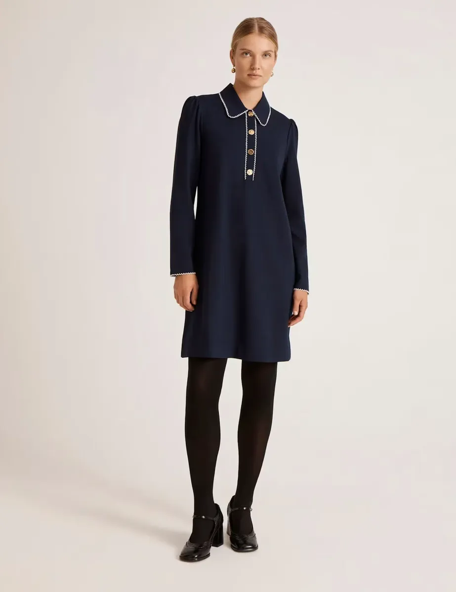 Ponte Jersey Collared Mini Shirt Dress Navy