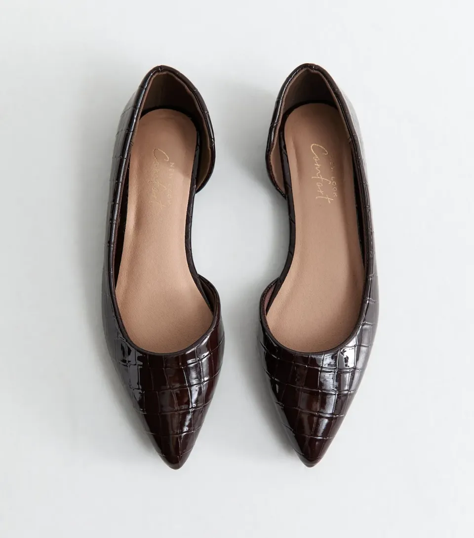 Women's Dark Brown Faux Leather Croc Embossed Pointed Pumps Vegan