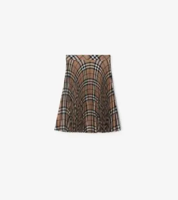 Pleated Check Wool Blend Skirt in Linden brown - Women, Nylon