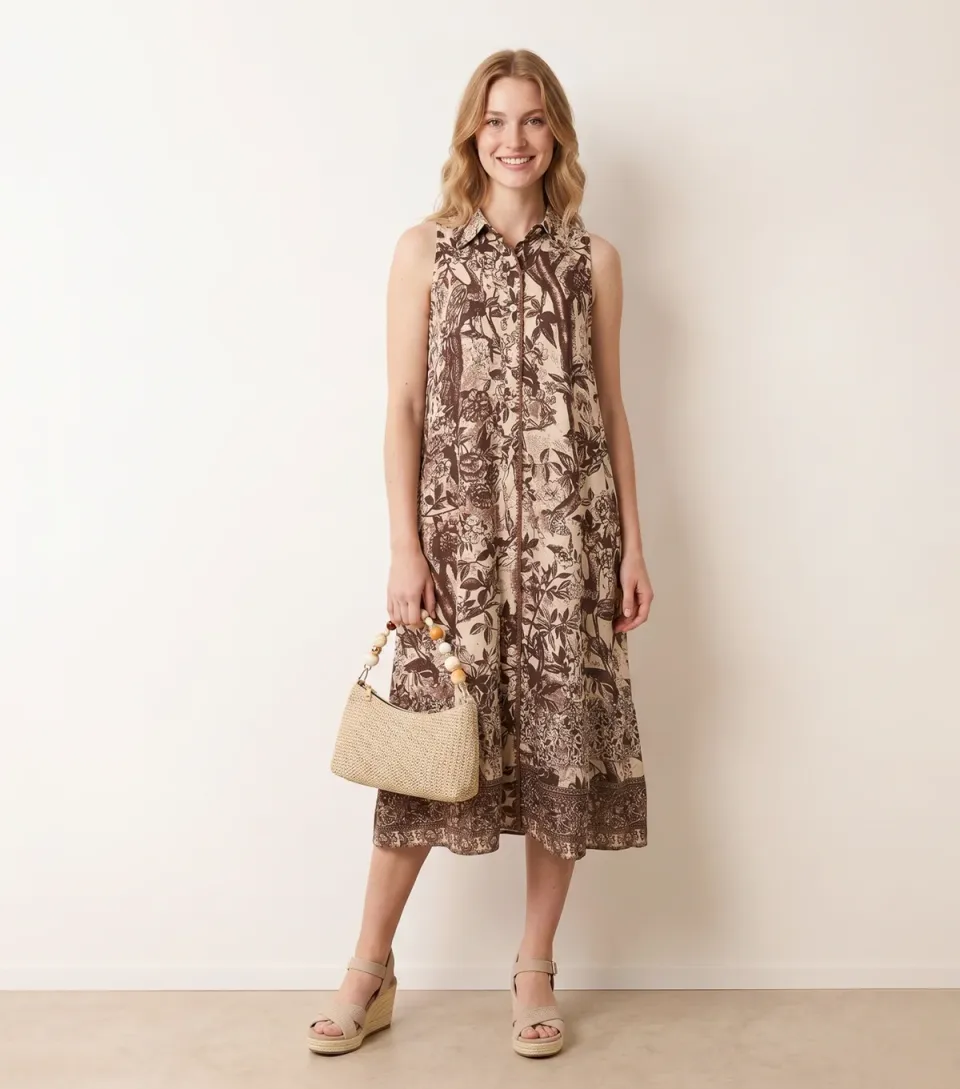Women's Dark Brown Sleeveless Midi Shirt Dress